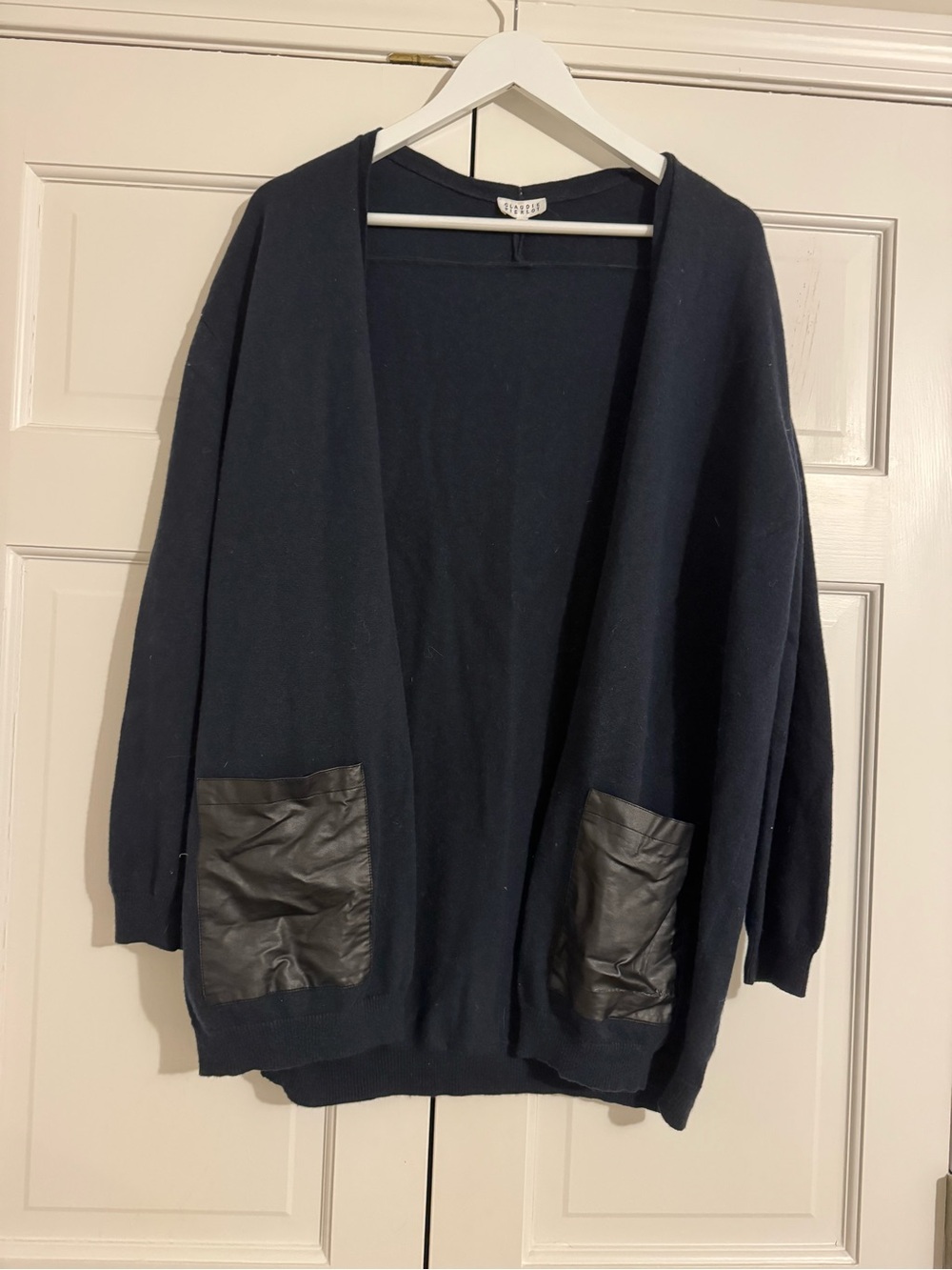 Claudie Pierlot Open Front Navy Sweater Cardigan with Faux Black Leather Pockets